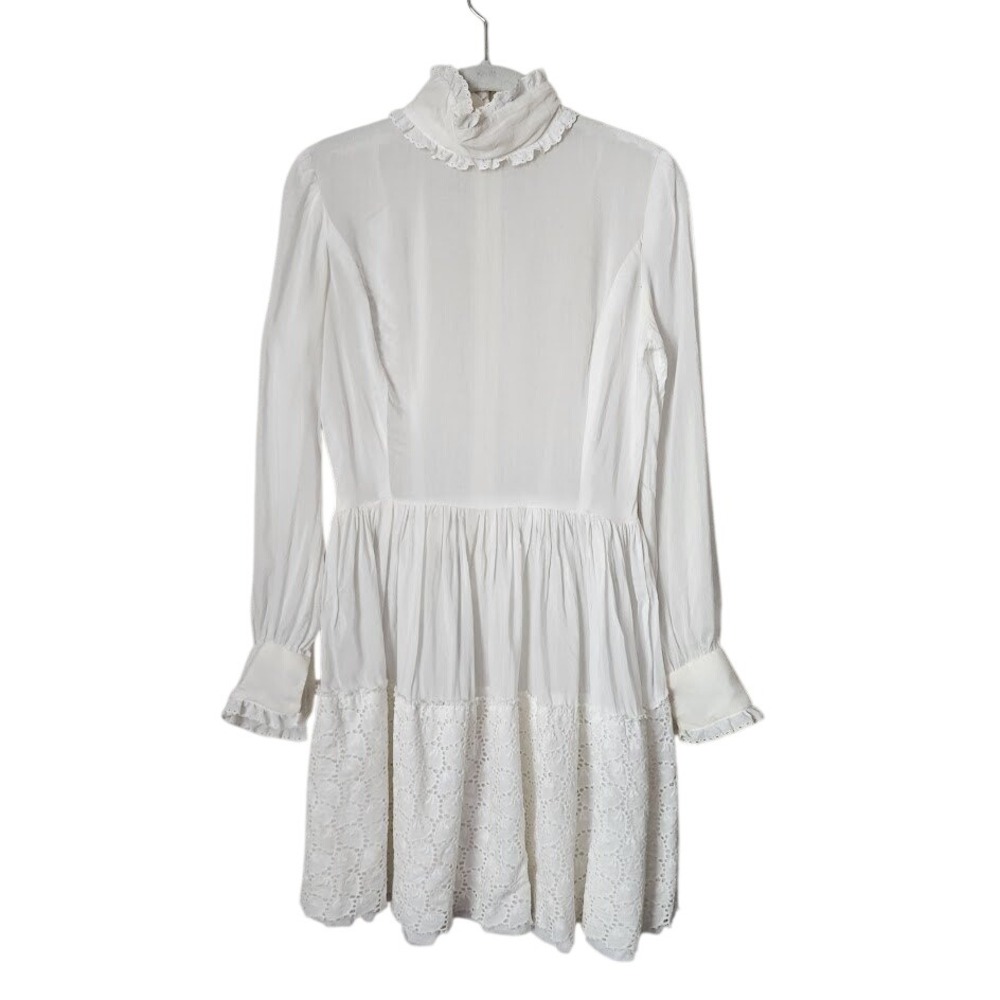 VINTAGE Handmade White Victorian Ruffle Collar Eyelet Lace Dress Cottagecore
